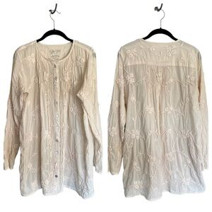 Kyla Seo cotton 3D floral embroidered button down tunic top cream size S boho